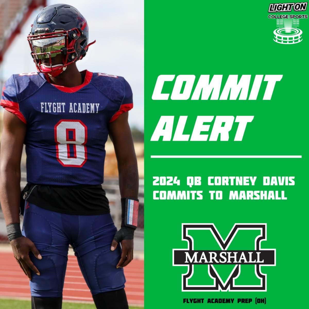 2024 QB Cortney Davis has committed to Marshall, per his social media. 🦬🔥 🏫: Flyght Academy Prep (OH) Height/Weight: 6’6”, 220 lbs #WeAreMarshall @imcld_