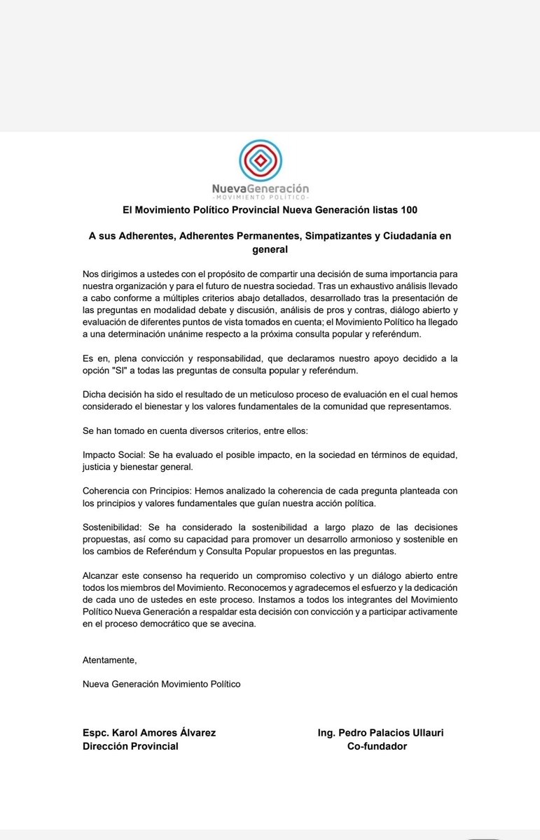 El movimiento político Nueva Generación, comunica su postura ante la consulta popular de este 21 de abril del 2024. #CuencaUnida #ConsultaPopular #NuevaGeneración