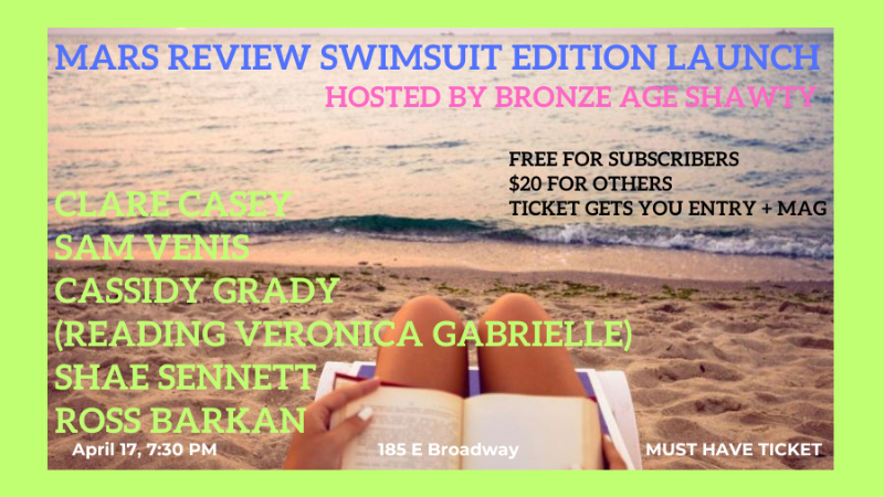 Come live a little. Be the first to see the MRB swimsuit edition in print. Featuring @bronzeageshawty as host and model, @babybaudrillard as spot reader and model, and readings from @shaetrix, @RossBarkan, @samfromvenis, Clare Casey MUST HAVE TICKET: eventbrite.com/e/879692222117…