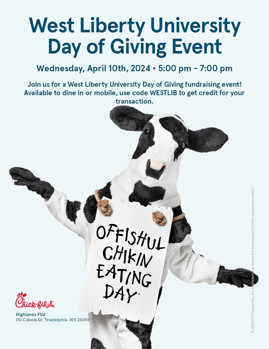 If you live in the Wheeling area, consider dining at Chick-fil-A at the Highlands between 5-7 p.m. tomorrow (April 10). They will make a donation to Topper Day of Giving when you dine in or order through the app! Use code WESTLIB to get credit for your transaction!