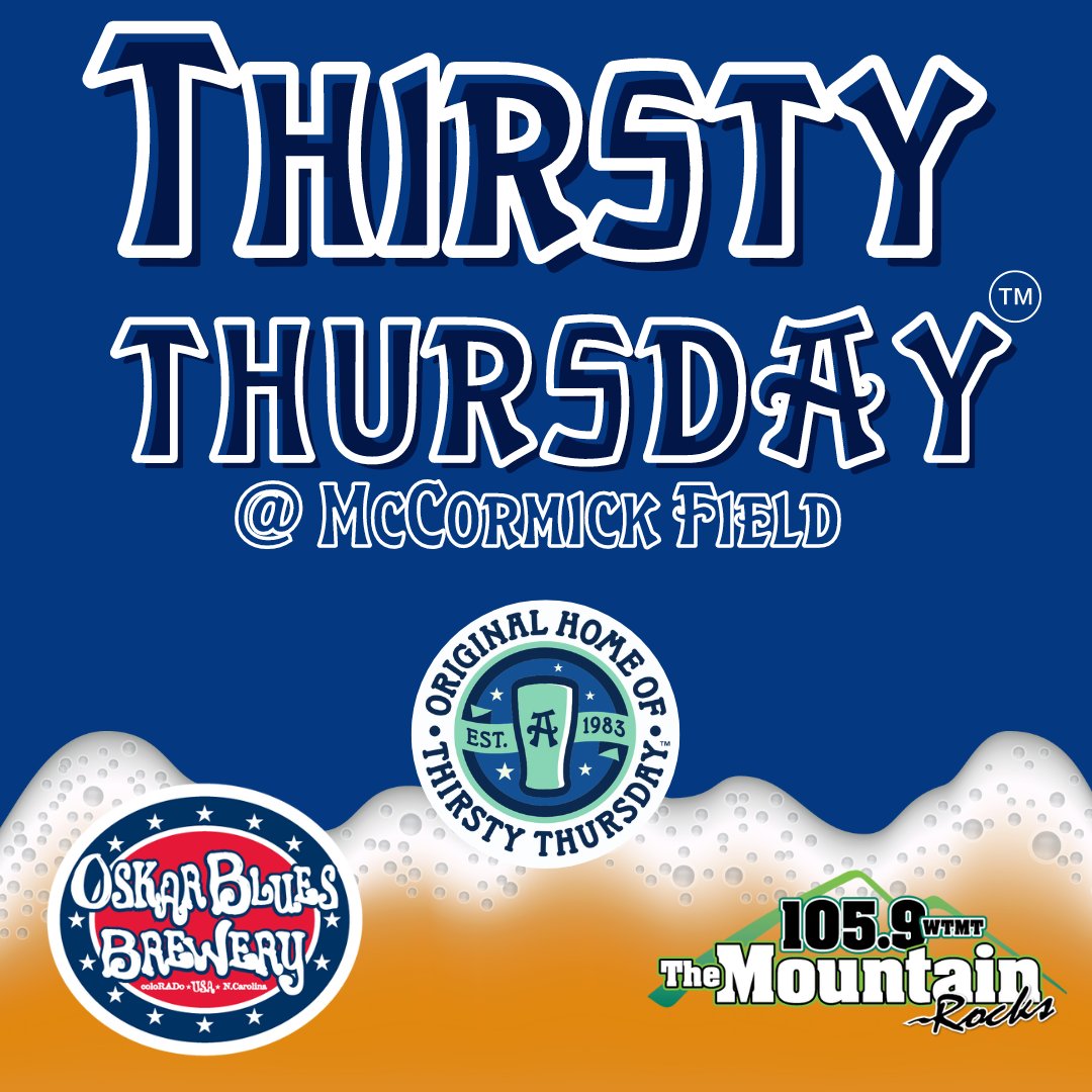 Thirsty Thursday is BACK 🍻 Enjoy $1 regular beer, $3 craft beer, and $1 Coke tonight - thanks to our friends over as Oskar Blues Brewery and 105.9 The Mountain! Gates | 5:30 First Pitch | 6:35 🎟️: touriststickets.com