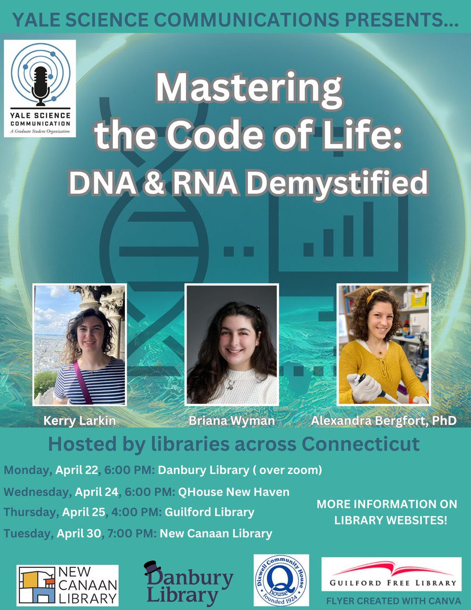 Are you a non-biologist and want to learn more about DNA and RNA? Come to our science outreach talk series! (one of the talks is over zoom - registration through the library webpage required).