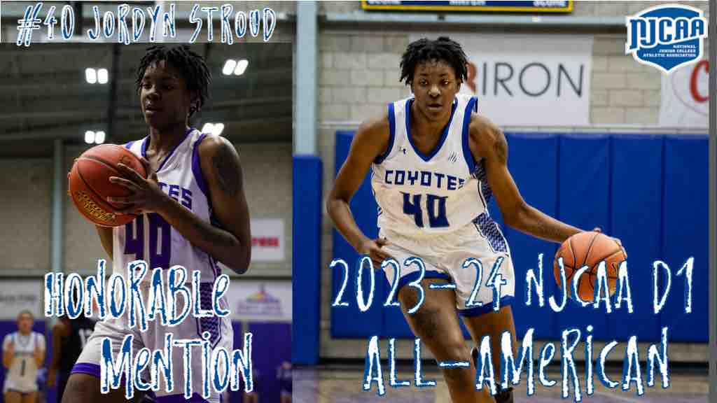 The Coyote Family is proud to congratulate Jordyn Stroud on being a 2023-24 NJCAA All-America Honorable Mention. Jordyn led our Lady Coyotes in points (17.4) and rebounds (8.4) as the team posted a program best 25-5 overall record. 👏👏👏👏 🐺🏀🇺🇸 #AllAmerican