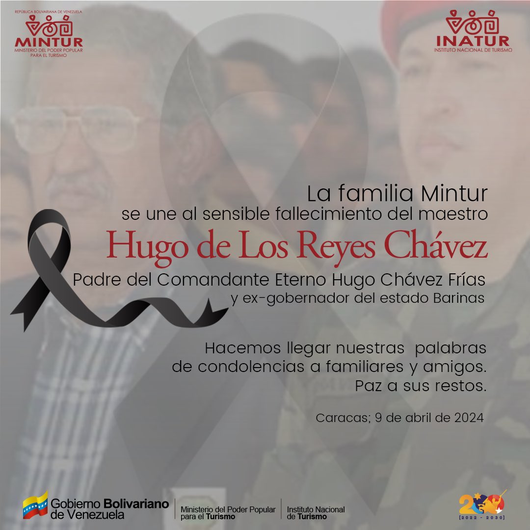 Nuestras más sinceras condolencias a la familia Chávez. Hoy #09Abr nos despedimos en físico del maestro Hugo de Los Reyes Chávez, defensor de la patria y padre de nuestro comandante eterno, Hugo Chávez. Paz a su alma @NicolasMaduro