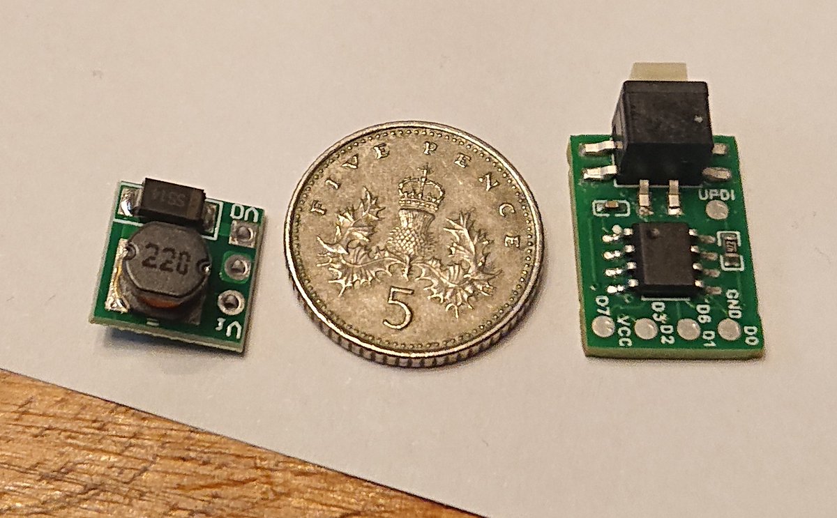 When I say these little control circuits are tiny I mean it! On the left is the body converter, on the right is my custom designed microcontroller with its control button

They have to be dinky to fit into things like GlowTags

#sbswinnershour