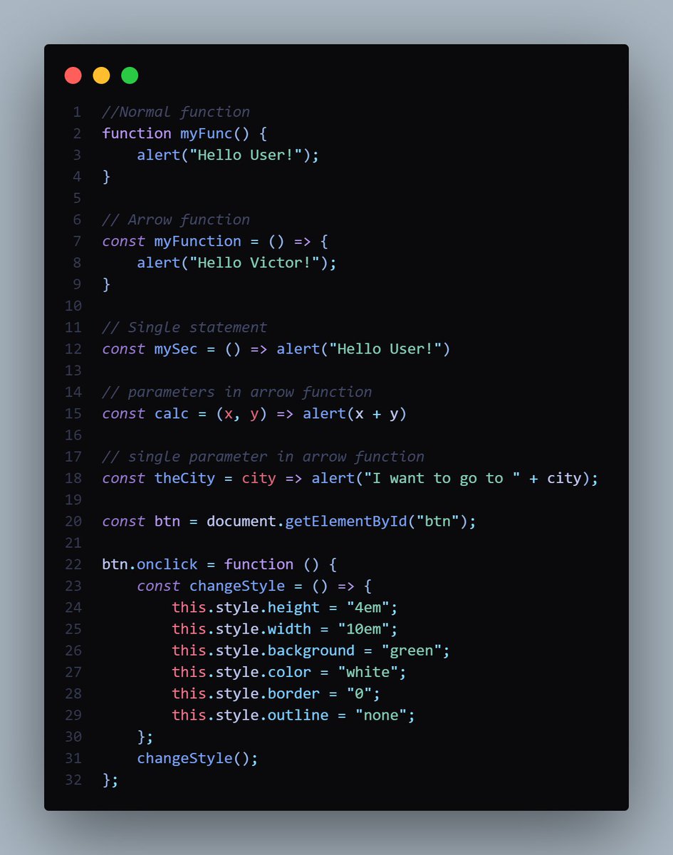 victor_es17's tweet image. Day 10 of #100daysofcoding 💻🖤🔥
We'll be looking at Arrow function in Javascript 😁
#frontendwebdev
#tech
#webdev
#javascript
#slyyv17