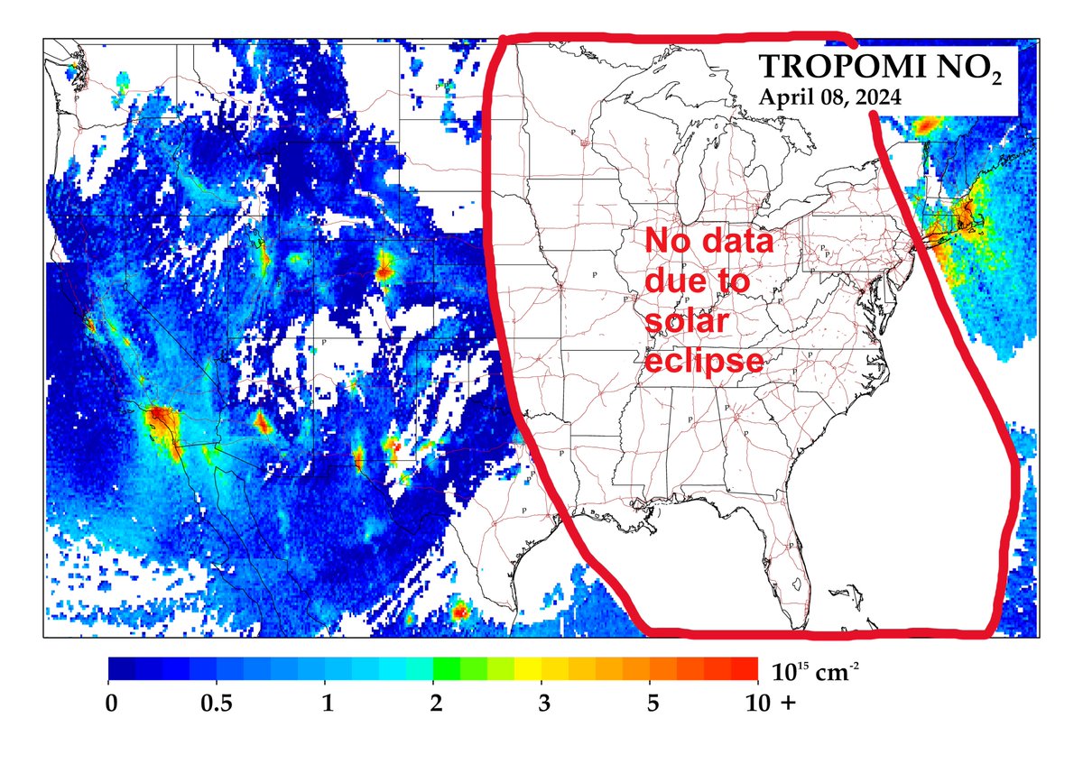 For those wondering, mini 🧵 of what air quality satellite observations (TROPOMI NO2) looked like during yesterday’s (4/8) total solar eclipse. Not enough sunlight to make an observation in the eastern US. Enough sunlight in the western US by 1:30 PM local (~4:30 ET). However...