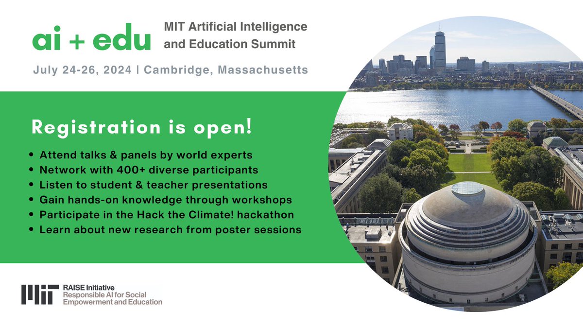 Registration is open for the first-ever MIT AI & Education Summit on July 24-26 in Cambridge, MA! Hosted by @MitRaise, the Summit explores the crucial role of #AI in #Education and #WorkforceDevelopment 🌍

Register today: raise.mit.edu/events/ai-educ…