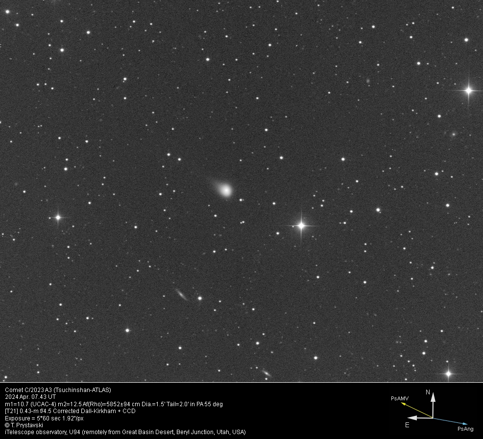 Comet C/2023 A3 (Tsuchinshan-ATLAS) 2024 Apr. 07.43 UT m1=10.7 (m2=12.5) Dia.=1.5' Tail=2.0' in PA 55 deg... [T21] 0.43-m f/4.5 Corrected Dall-Kirkham + CCD... iTelescope observatory, U94 (remotely from Great Basin Desert, Beryl Junction, Utah, USA)