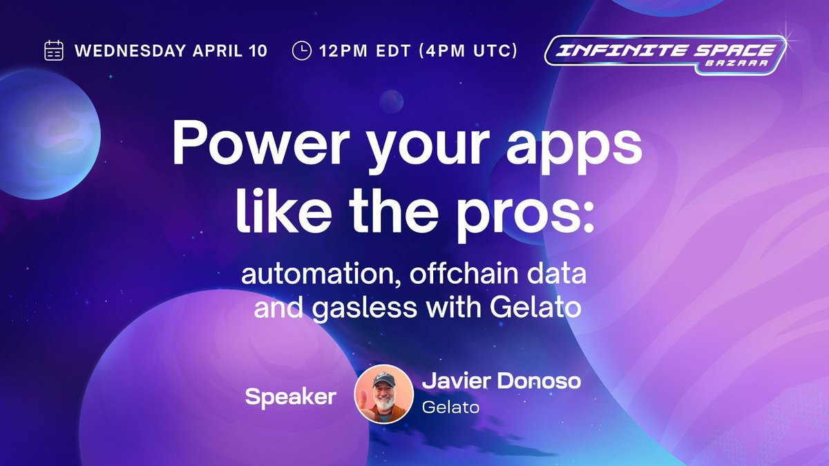 DoraHacks's tweet photo. Level up your dApps with insights from @celestia_devs @CelestiaOrg latest workshop: 'Power your apps like the pros: Automation, Off-chain data and Gasless with Gelato' at #InfiniteSpaceBazaar Hackathon!

📅 April 10th, 12:00 PM EDT
Join here: https://t.co/UFAHgHfDBc https://t.co/f8SUswq6mS