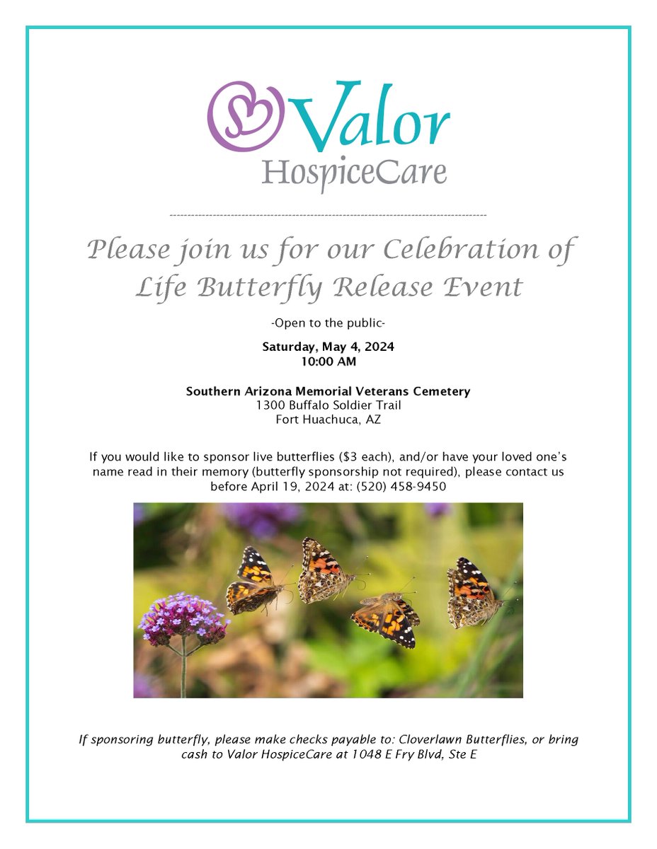 The 2024 Celebration of Life Butterfly Release at Southern Arizona Veterans' Memorial Cemetery in #SierraVista is May 4th! Sponsor a live butterfly by April 19th. #AZVets #Veterans