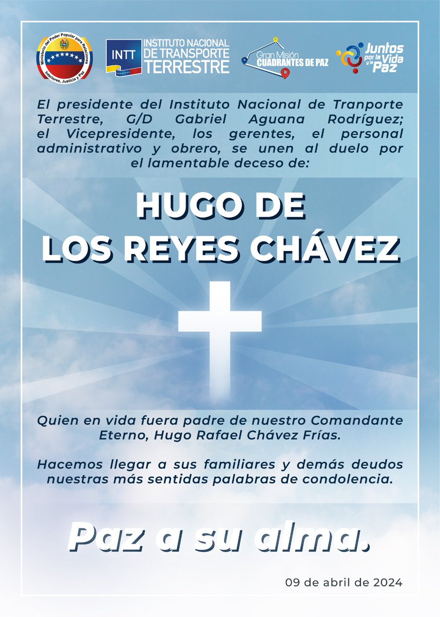 El INTT Barinas se une al duelo por el sensible fallecimiento de Hugo de Los Reyes Chávez, padre del Comandante Hugo Chávez y ex gobernador de Barinas. Enviamos nuestras mas sinceras palabras de condolencias a sus familiares y seres queridos. _ #9Abr