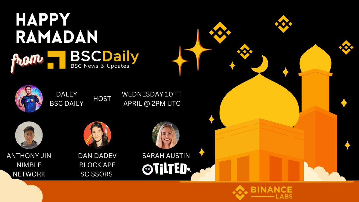 Happy Ramadan 🎉 

To celebrate, we'll host a #GA &amp; #Binance Chat, with <a href="/tiltedstore/">ti</a>, <a href="/ApeBlock/">Block Ape Scissors (Now Arcas)</a> &amp; <a href="/Nimble_Network/">Nim.Trade</a>

🔸Topic: RWAs in Gaming &amp; AI!

💰 Prize: $500+ 

📍 Venue: binance.com/en/live/video?…

🗓 April 10th, 2PM UTC

1️⃣ Follow Guests ❤️
2️⃣ Ask questions!
3️⃣ Like &amp; RT