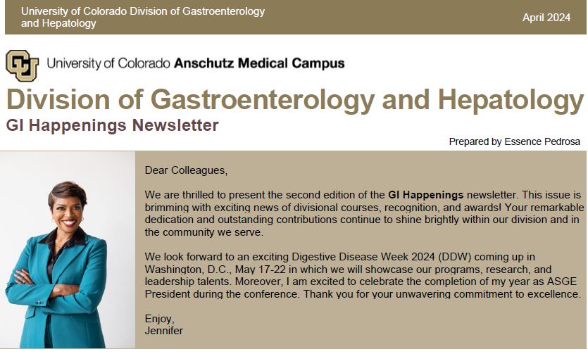 Want to know the latest from @CUGastroHep 😎? Check out our GI Happenings Newsletter to get the scoop 📝 on the Division's exciting news of divisional courses 📙, recognition 🎗️, and awards 🏆! medschool.cuanschutz.edu/docs/libraries…