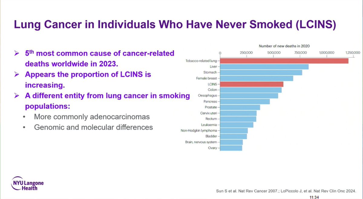 #lungcancer is the #1 cause of #cancer related deaths worldwide 🌏. ➡️ But did you know that #Lungcancer in Never Smokers (LCINS) is the 5th most common cause of #cancer related deaths 🌏? Fantastic talk by @ElaineShumMD from @nyulangone today at #AACR24. @AACR @OncoAlert