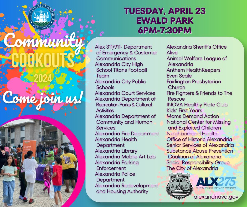 Two weeks from tonight is our first Community Cookout of the season and 29+ community partners will join us! Ewald Park, April 23rd is the place to be! Partnerships and residents coming together to keep our community safe! 🍔🌭⚽️#ALX25 #BetterTogether #APDVA