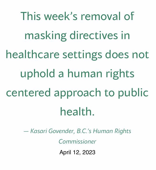 As true today as it was in 2023: 

'Removal of masking directives in healthcare settings does not uphold a human rights centered approach to public health.' -@KasariGovender, BC Human Rights Commissioner

#bcpoli #cdnpoli #covid19bc #KeepMasksinHealthcare #Accessibility #SARSCoV2