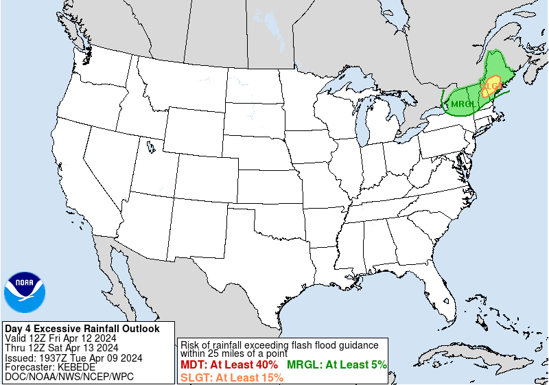 D4 WPC #FlashFlood outlook
SLGT risk in N #NewHampshire, W #Maine states of #NewEngland esp the cities of #AugustaME, #LewistonME, #AuburnME, #ConwayNH, #BerlinNH
#Wxtwitter #MEwx #NHwx