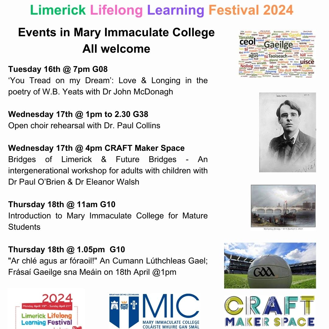 Delighted to highlight the #learninglimerick events happening in @MICLimerick next week as part of the @Limerick_ie Lifelong Learning Festival. Come and join us. Something for everyone! We'll be making bridges on Wednesday after @FearStairLmk tells us about local bridges