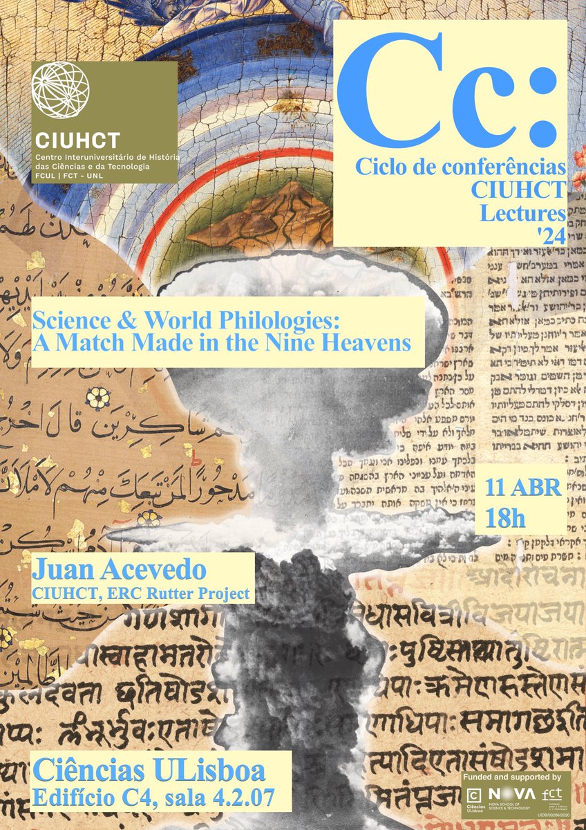 🗣11 abril 2024 · 18h Conferência CIUHCT 2024 #3, apresentada por @aceved0villalba (@ciuhct @ErcRutter) 'Science & World Philologies: A Match Made in the Nine Heavens' @cienciasulisboa, Edifício C4, sala 4.2.07