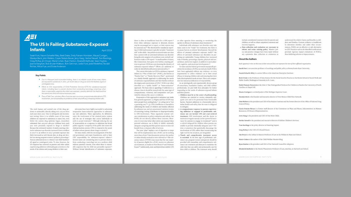 The drug epidemic has directly taken over 100,000 lives each year since 2021 & prenatal exposure to drugs has likely risen. I signed @AEI's letter that lays out principles for better responding to the needs of substance-exposed infants & their parents: aei.org/wp-content/upl…