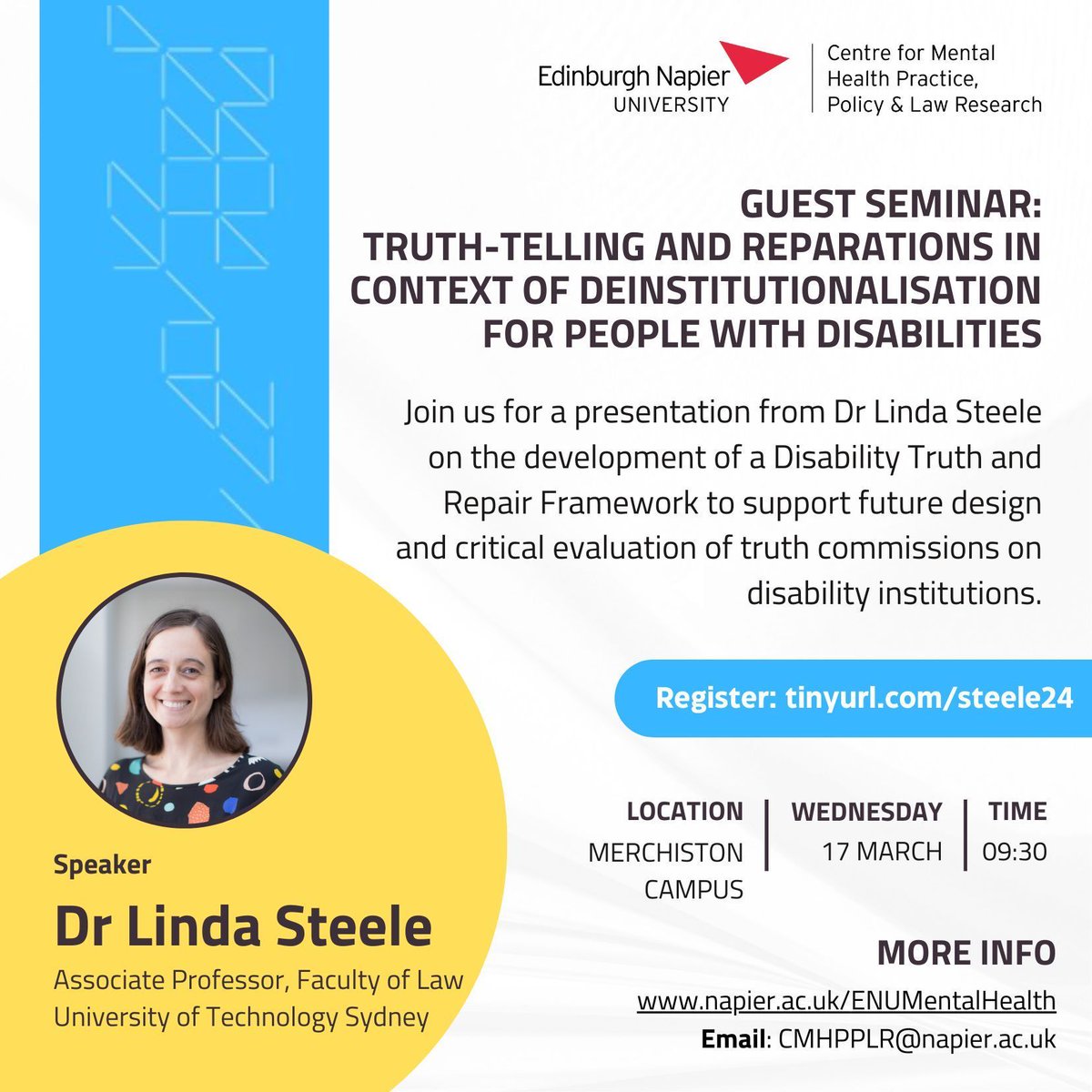 Not too late to sign up!

Join us for a seminar 'Truth-telling &amp; reparations in context of deinstitutionalisation for people with disabilities' with Dr Linda Steele 

📅 Weds 17 April 
🕛 09:30 AM

Read more + register w/ Ticket Tailor: buff.ly/4a4pELE