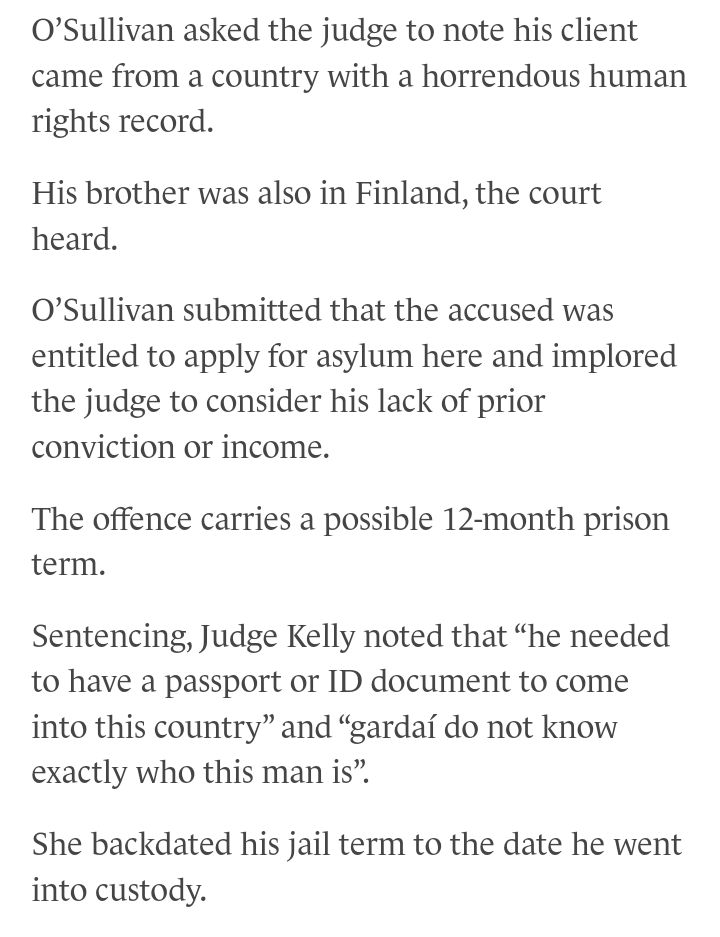 Refugees don't need a passport/ID to enter Ireland under Article 31 of the 1951 Geneva Convention Relating to the Status of Refugees yet an Irish judge dismisses the right to seek asylum & jails this refugee. Please fight for these vulnerable people who have no one @masi_asylum!
