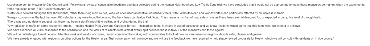 Another of Newcastle's low traffic neighbourhoods to be axed. @NewcastleCC confirms that its Heaton LTN will not be made permanent when its 18-month trial expires on April 23.