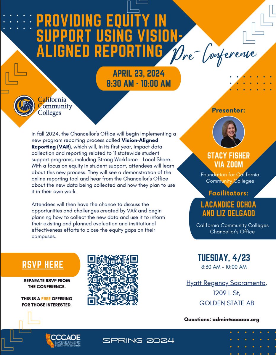 There are 5 AM and 4 PM pre-conference sessions for the Spring Conference. Must RSVP. Free with your full conference registration. Providing Equity in Support Using Vision-Aligned Reporting at 8:30 am Learn more - drive.google.com/file/d/1mINXRr… #CCCAOESpring2024 #Careers4All