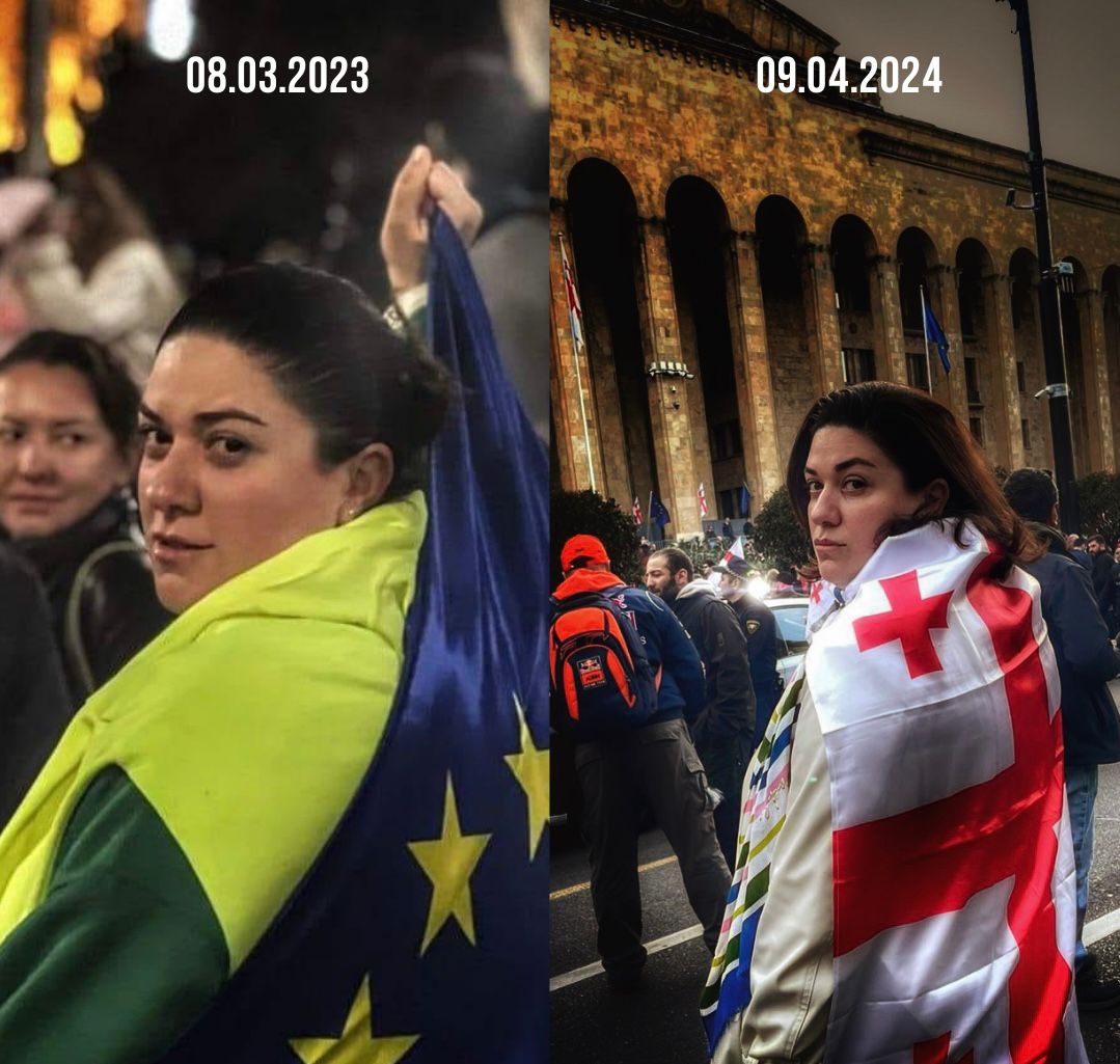 📢 One year later, and we're still in front of the Parliament of Georgia, protesting against the same Russian law. The fight for democracy, freedom, and #EU membership continues! We stand strong in our dedication and resilience, fighting for what's right. #არარუსულკანონს