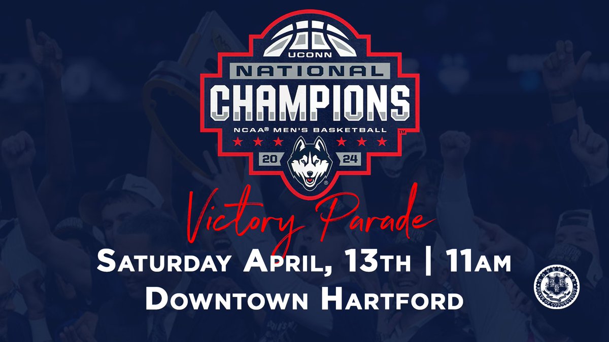 It's time to celebrate @UConnMBB on their back-to-back national championships! Join us on Saturday morning for a victory parade and celebration in their honor. 📆 Saturday, April 13, 2024 🕚 11:00 a.m. 📍 Downtown Hartford Details: portal.ct.gov/office-of-the-…