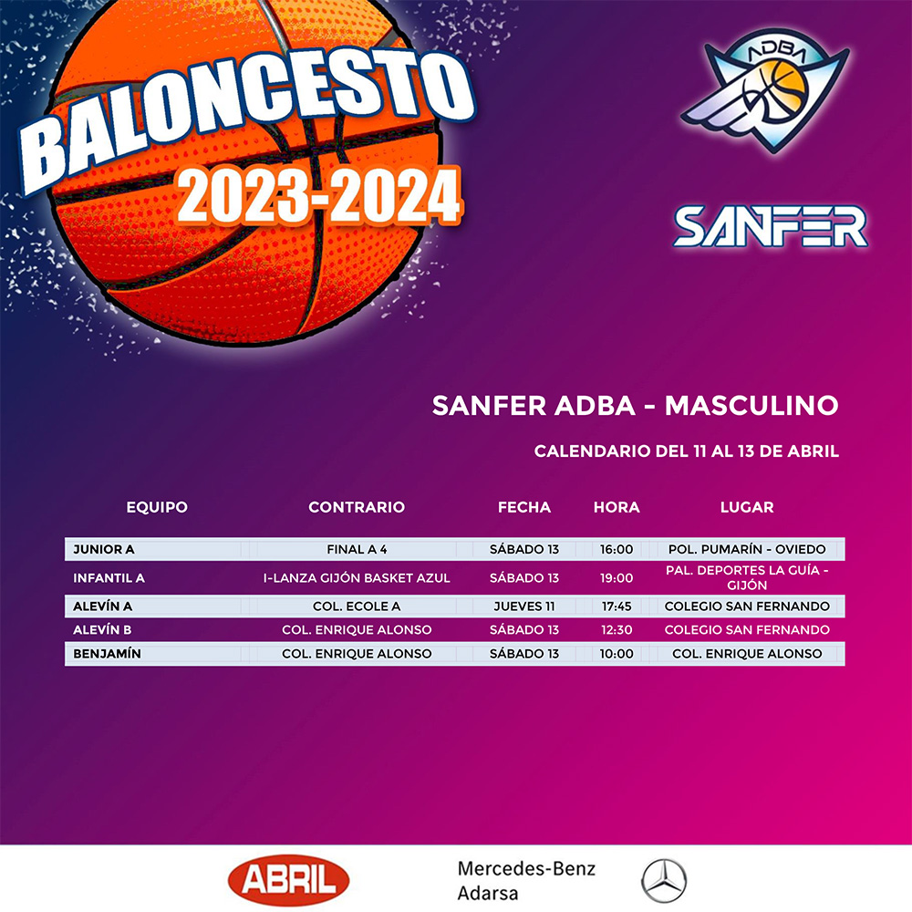 🏀 CALENDARIO DEPORTIVO - BALONCESTO
📆 DEL 10 AL 14 DE ABRIL

📣 ¡Primeras finales a 4 de la temporada! 

¡Vamos #Sanfer! 💪

#baloncesto #deportes #laolarosa #AceitesAbril
@ADBA87 
@AdarsaMercedes