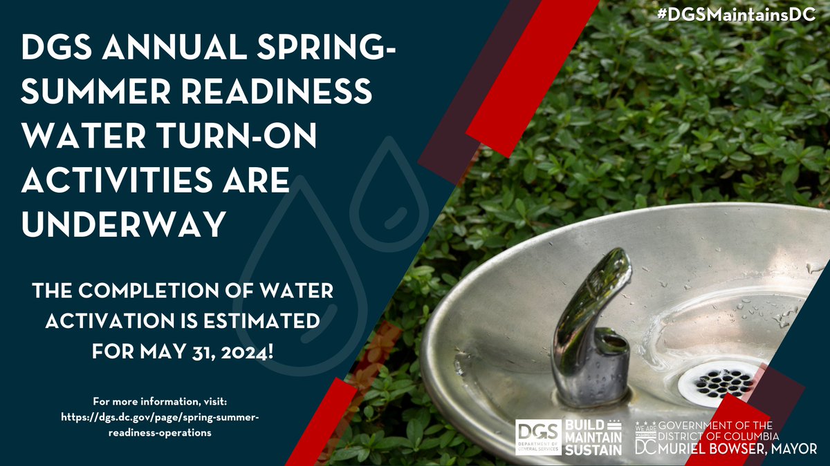 As part of DGS' Summer Readiness operations, our plumbers are in the community turning on water fountains! The completion of the water activation is estimated for May 31st. Visit bit.ly/3kiGX2C to learn more about Spring-Summer readiness activities. #DGSMaintainsDC