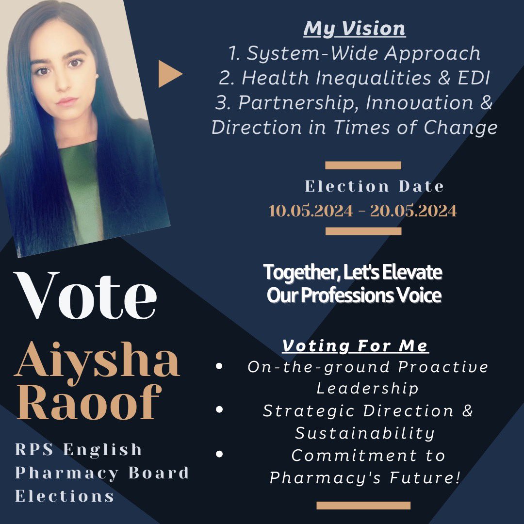 I am pleased to share that I am standing in the @rpharms English Pharmacy Board Elections. Together let’s elevate our professions voice💫 Do reach out via direct messages, I'm here to listen and engage🙌🏼 #pharmacy #pharmacyhour #RPS #RPSElections 🗳️