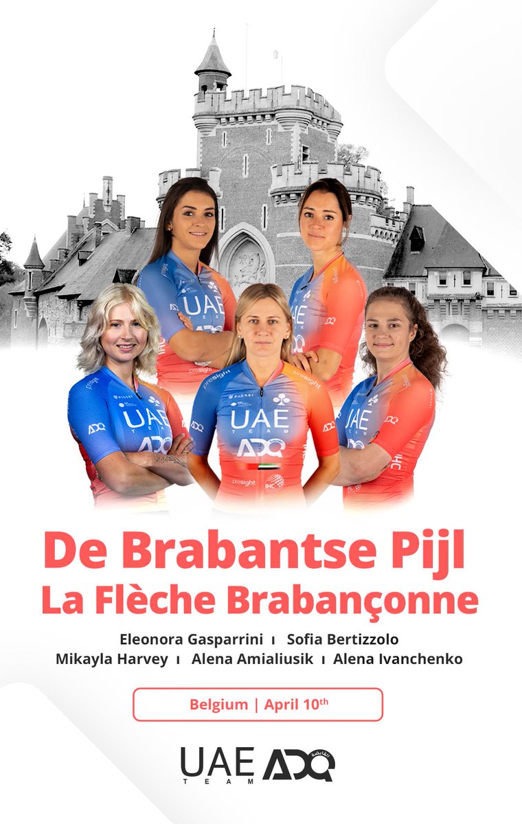 10.04.2024
<a href="/DeBrabantsePijl/">De Brabantse Pijl</a> 🇧🇪
Lennik – Overijse (134.9km) 
Start: 10:50 – Finish: 14:15 CEST
Live on discovery+/Eurosport from 12:30

LINE UP: Sofia Bertizzolo, Alena Amialiusik, Eleonora Gasparrini, Alena Ivanchenko, Mikayla Harvey.

#DBP #FLCS #UAETeamADQ #UnitedToBeStronger