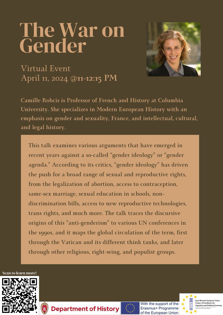 Join us this Wednesday, April 11th, for a talk featuring Prof. Camille Robcis from Columbia University as she discusses the critique against 'gender ideology', the discursive origins of 'anti-genderism', and more! More details at: europe.wisc.edu/event/camille-…