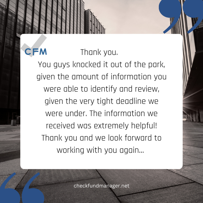 CheckFundMgr's tweet photo. At #CheckFundManager, we understand that efficiency matters! Our team excels at delivering high-quality results within tight deadlines.

Visit our website to learn more about our due diligence services: https://t.co/ikdc2JmH6S

#TestimonialTuesday #duediligence #cfmtestimonials https://t.co/tOWpIZBw7v