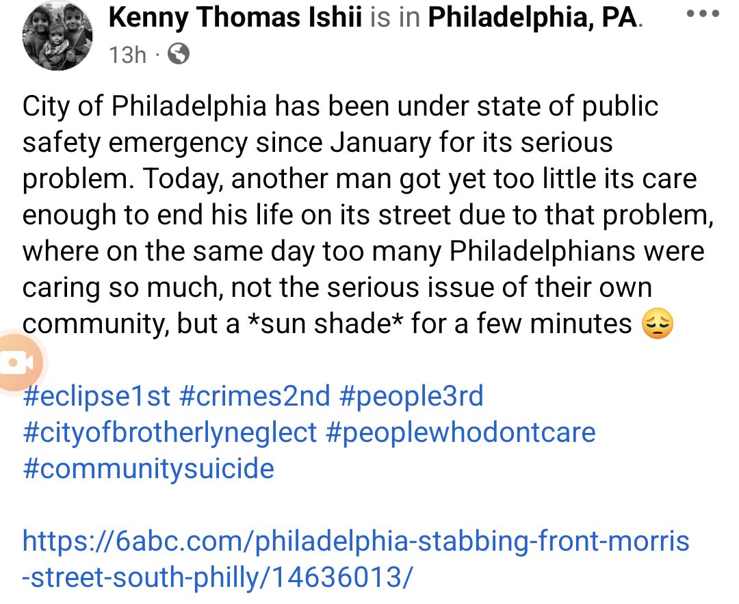 truthisallto's tweet photo. Today, another man got yet too little its care enough to end his life on its street due to that problem, where on the same day too many Philadelphians were caring so much, not the serious issue of their own community, but a *sun shade*..
#eclipse #philly #crime https://t.co/ZEUfjPc49o
