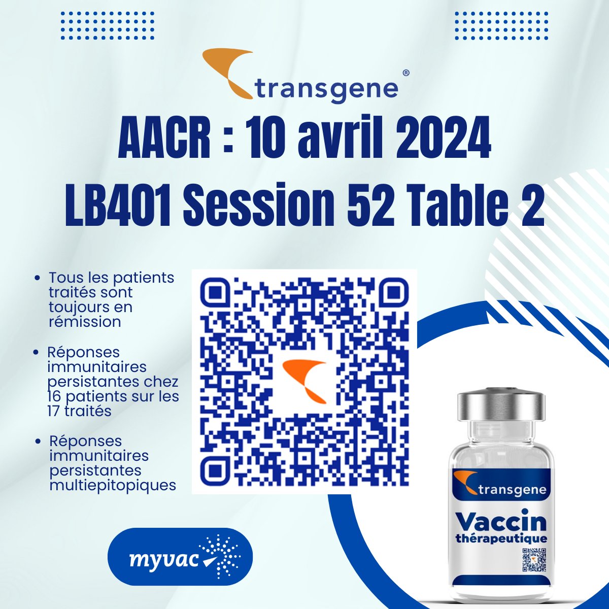 TransgeneSA's tweet image. 📢 @Transgene présente aujourd’hui les nouvelles données cliniques de son #vaccin thérapeutique individualisé #TG4050, contre le #cancer de la tête et du cou, à l’@AACR 2024.

👉Poster shorturl.at/ioWX7 Session 52 Table 2