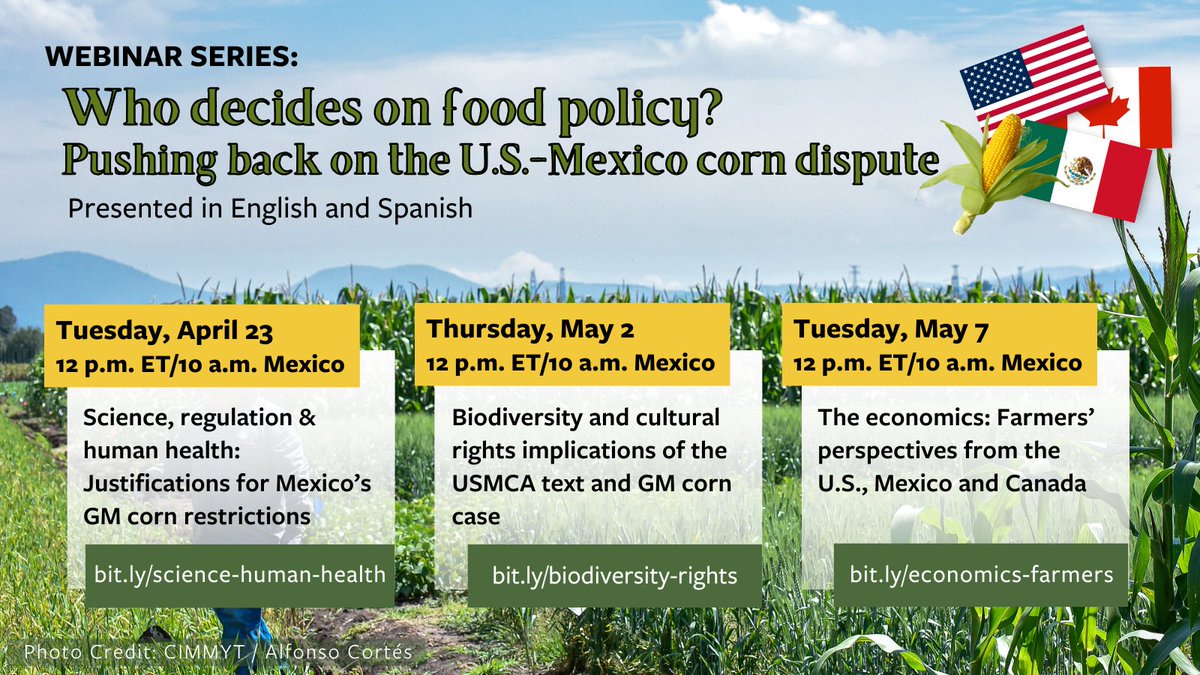 Join IATP & partners for a 3-part English/Spanish webinar series: 'Who decides on food policy? Pushing back on the U.S.-Mexico corn dispute.' Hear from civil society experts about the #USMCA trade dispute over Mexico's policies for #foodsovereignty & #agroecology! More below🔽