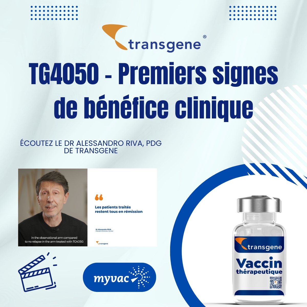 TransgeneSA's tweet image. 📢 Le Dr @Alessandro Riva, PDG de @TransgeneSA , commente les premiers signes de bénéfice clinique de son #vaccin thérapeutique individualisé #TG4050, présentés à l’@AACR 2024.
🎬 youtu.be/EbZsUW1Z6bA
📰 Poster #LB401 shorturl.at/ioWX7