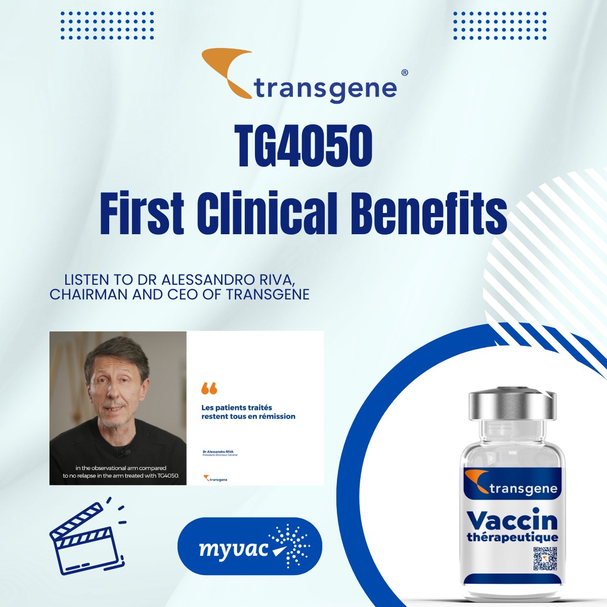 TransgeneSA's tweet image. 📢 Dr. Alessandro Riva, Chairman and CEO of @TransgeneSA  comments on the first clinical benefits of #TG4050 and the new data  in head and neck #cancer, published at @AACR 2024.
🎬 youtu.be/EbZsUW1Z6bA
📰Poster #LB401 shorturl.at/ioWX7