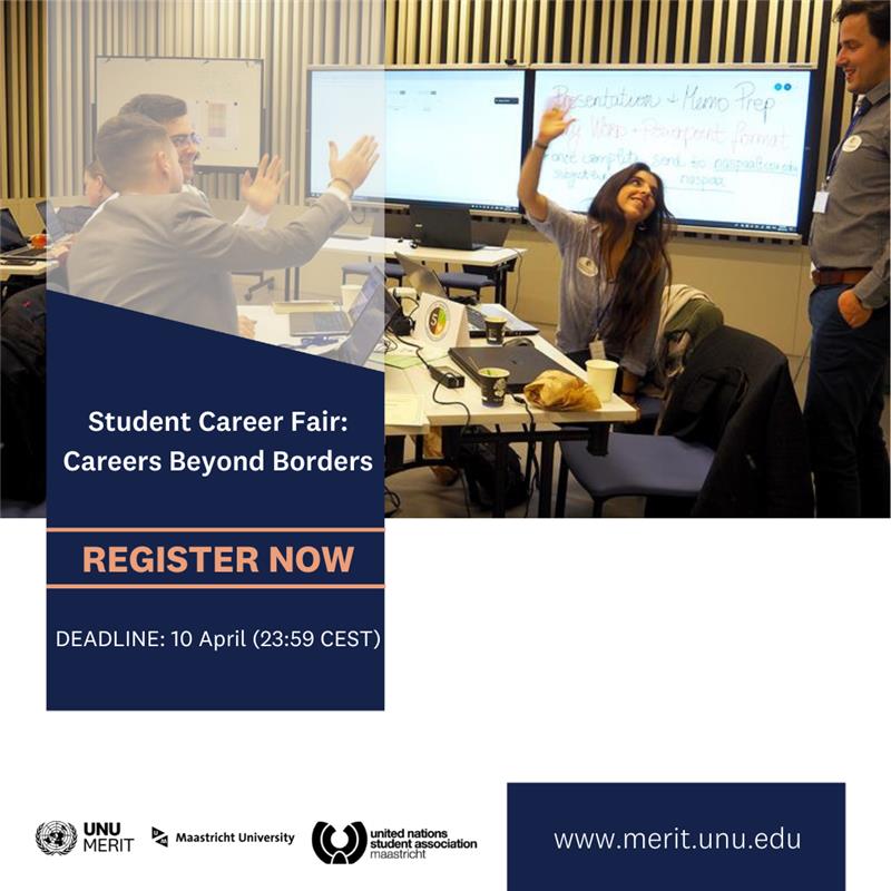 Calling all students! 🎓 This Friday, join @UNSAMaastricht's annual student careers fair (Careers Beyond Borders), being held this year at UNU-MERIT. 📆 12 April, 10:00-16:00 📍 UNU-MERIT & online To join in person, register before 11 April. More info: tinyurl.com/23n9p79a