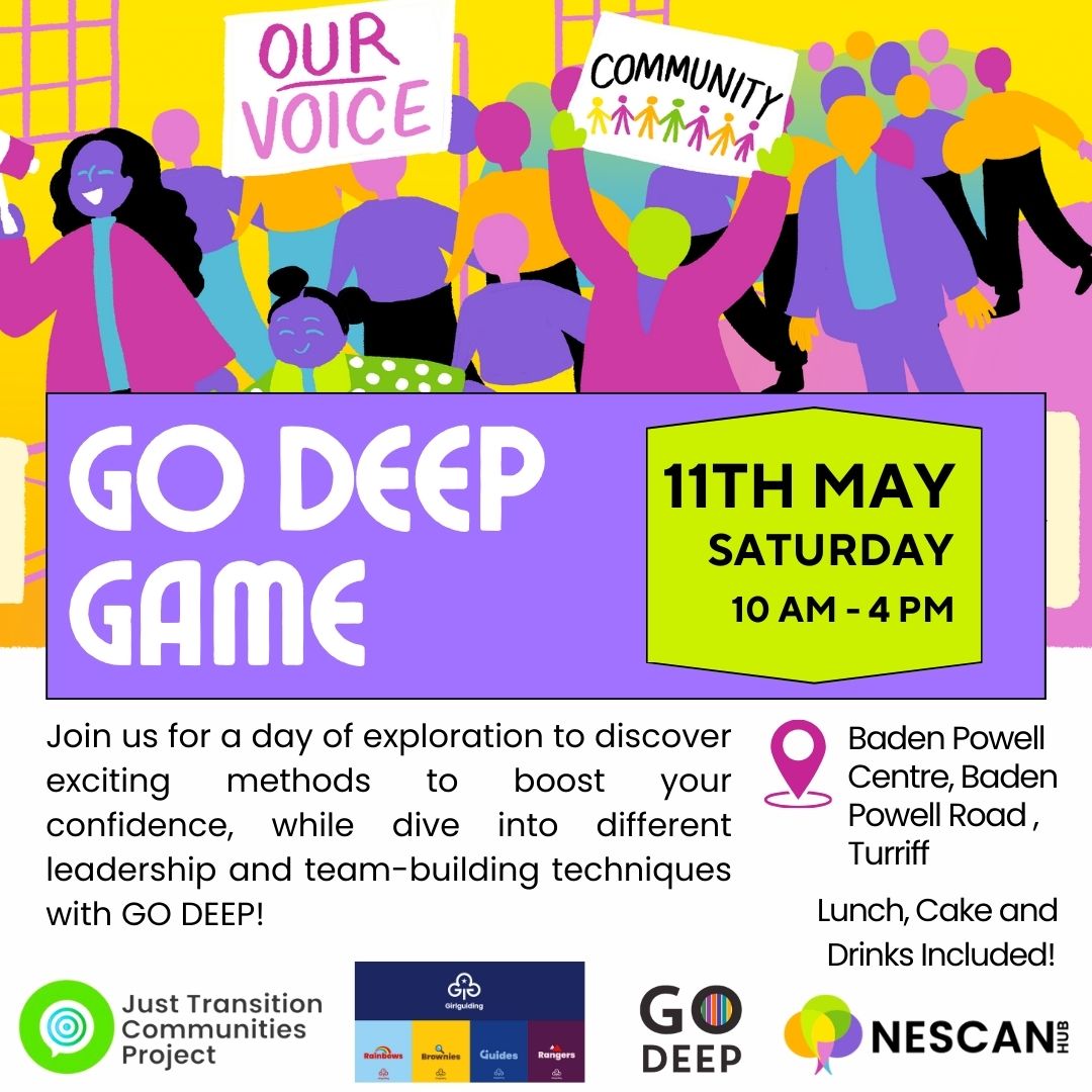 As part of the #JustTransitionCommunitiesProject, join NESCAN Hub, Girlguiding and Go Deep Scotland for #GoDeepGame! At Baden Powell Centre,Turriff on Sat, 11th May 2024 from 10 am to 4 pm. Food and drinks included! Book your free tickets here: ticketsource.co.uk/nescanhub/t-ea… #JTCP