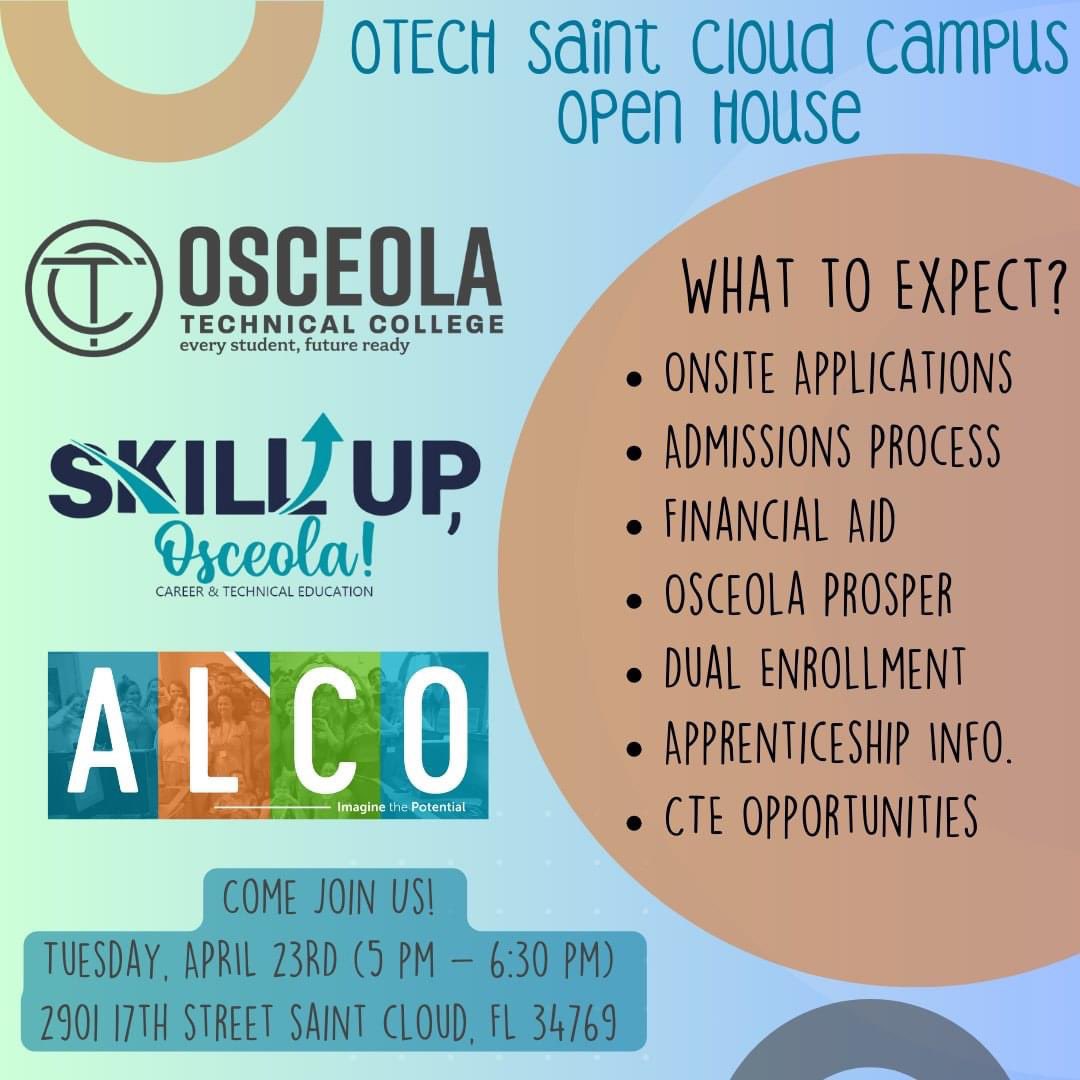 Come join us at our St. Cloud campus April 23rd for open house! A great opportunity to meet the faculty, see the campus, and ask those burning questions about Financial Aid. #skilluposceola #weareoTECH #everystudentfutureready #SDOCGoodtoGreat