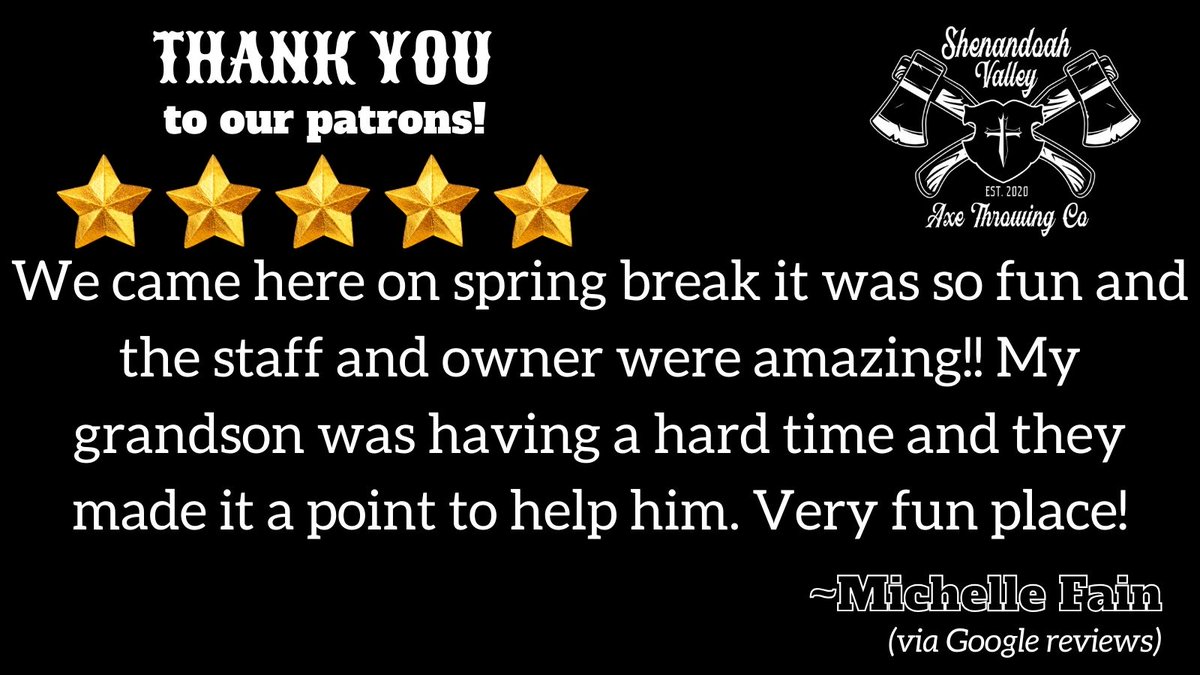 We love to hear what you have to say and really appreciate you taking the time to write a thoughtful review. Here's what some of our customers are saying!
#discoverfrontroyal #axethrowing #shenandoahaxethrowingco #SVAXECO #fivestarreview #fun #amazingstaff #veryfun