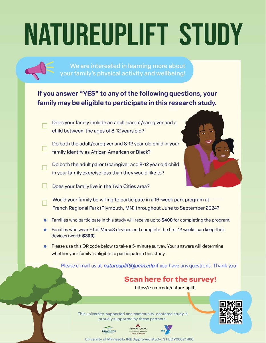 Eligible families will receive up to $400 for completing the Nature Uplift research study! ⬇️ 🔗 Eligibility survey: z.umn.edu/nature-uplift. @UMNFamilyMed | #ResearchParticipants