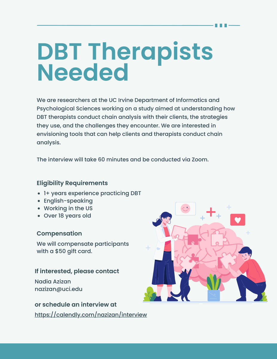 If you have at least 1 year of experience providing DBT and using chain analysis, please consider helping a student design better tech tools for therapists! A $50 gift card is waiting for you ;) Consent: tinyurl.com/gramose89 Schedule your interview: tinyurl.com/gioramos89