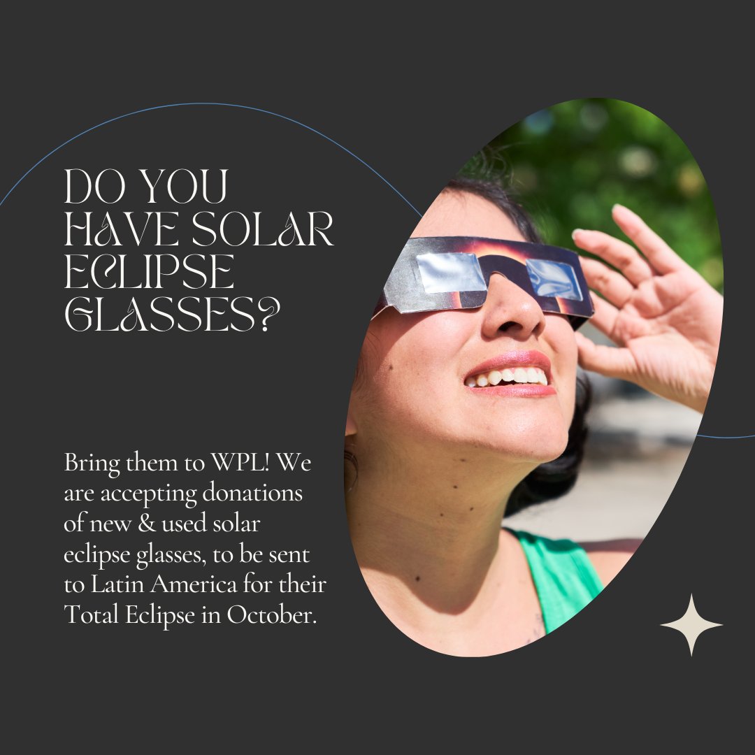 LibraryWauseon's tweet image. Wondering what to do with your protective eyewear now that the eclipse is over? Bring them to the Library! We are collecting donated solar eclipse glasses to be sent to Latin America for their total eclipse in October. Thank you!