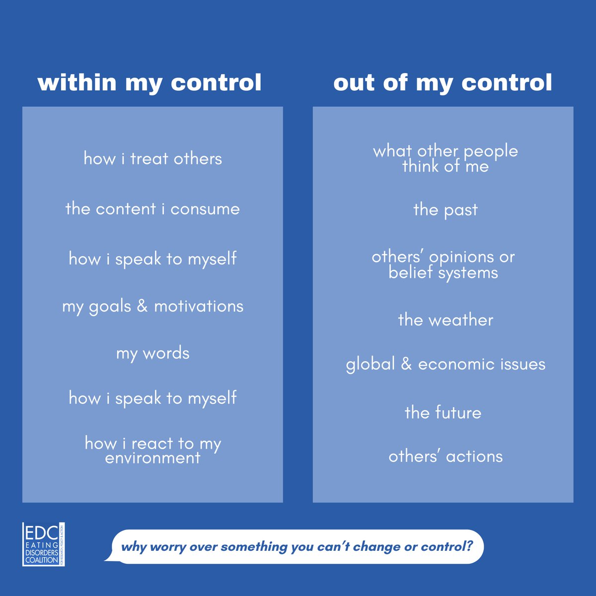 When your mind becomes consumed with worries, stop for a moment and separate your anxieties by what you can control and that which you can't. If you can't control or change the situation, let it go and let it be. #EDCTipTuesday